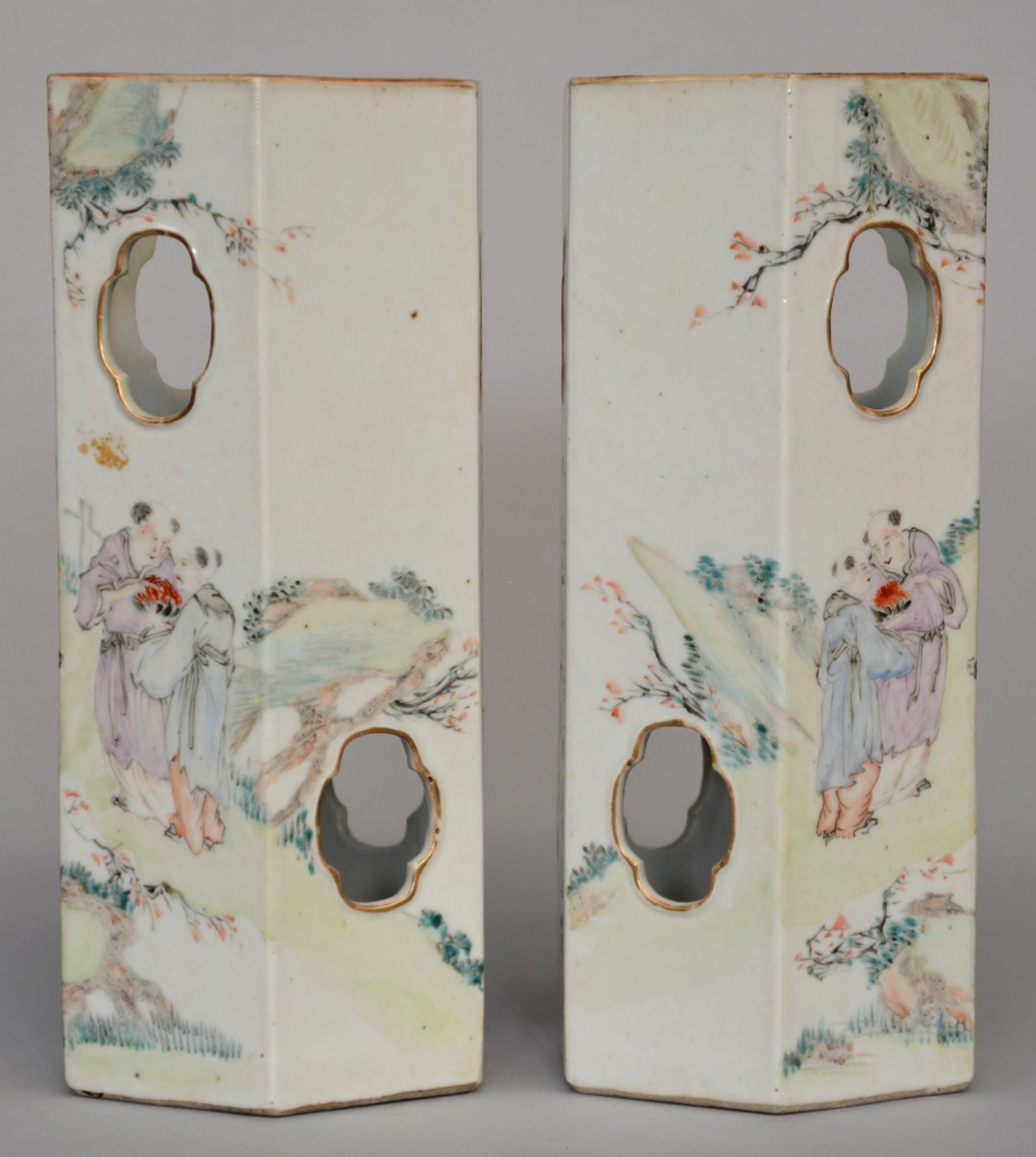 A pair of Chinese hat stands, polychrome decorated with a genre scene, signed by the artist, marked, - Image 4 of 7