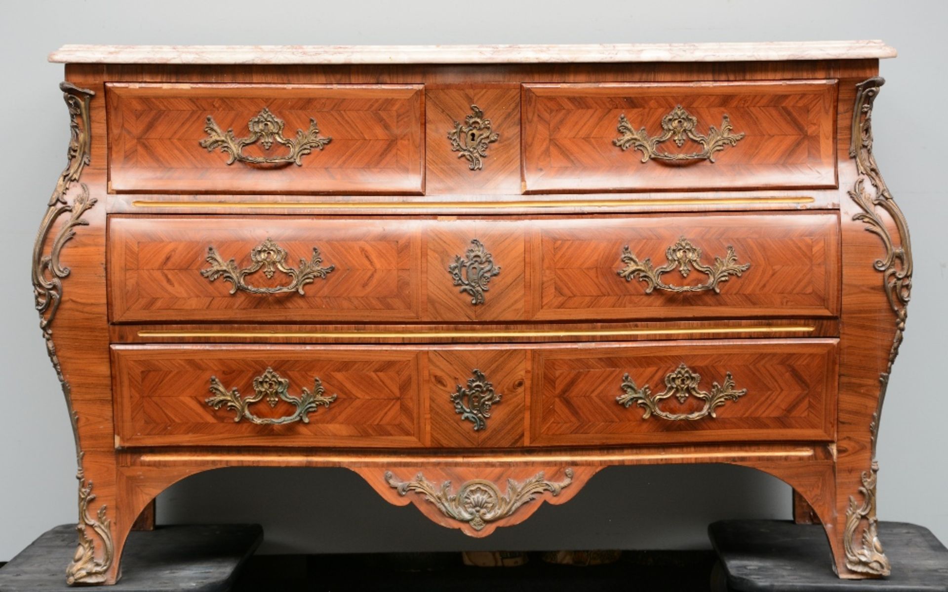 A Regency-style rosewood-marquetry commode with a marble top and fine bronze mounts, H 88 - W