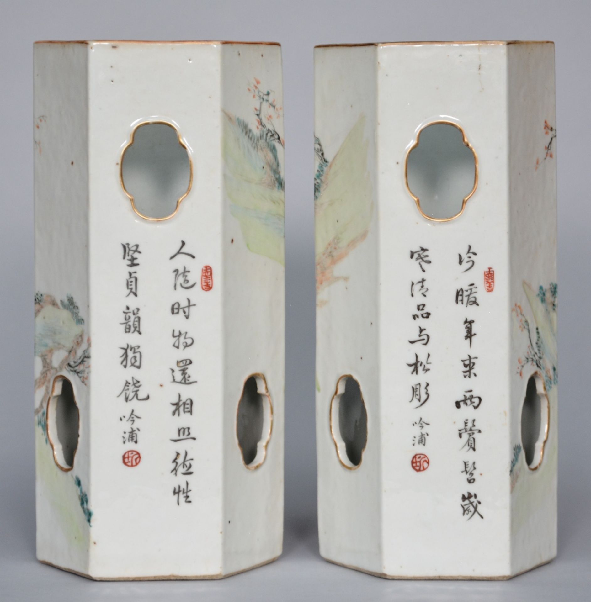 A pair of Chinese hat stands, polychrome decorated with a genre scene, signed by the artist, marked, - Image 3 of 7