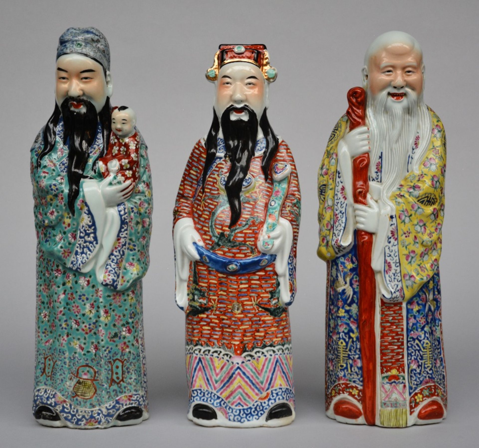 Three Chinese polychrome decorated Old Wise Men, two marked, ca. 1900, H 45,5 - 47 cm