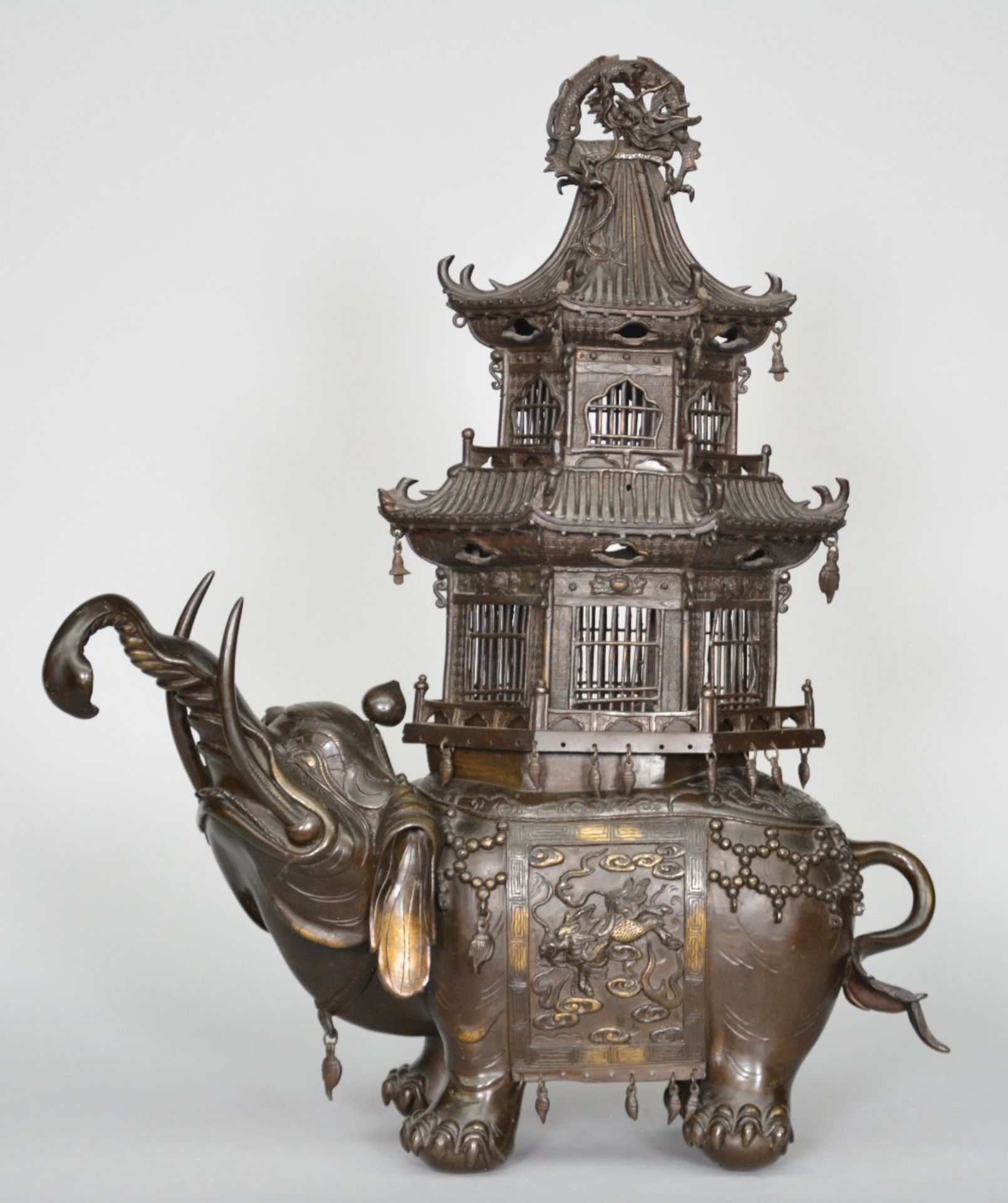 Oriental bronze Chinese incense burner, elephant shaped, Qilin and dragon relief decorated,