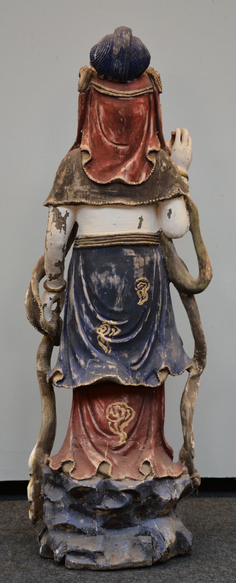 An exceptional Guanyin sculpture in polychrome wood, possibly Tibet, 18thC, H 141 cm (damage to - Image 8 of 11