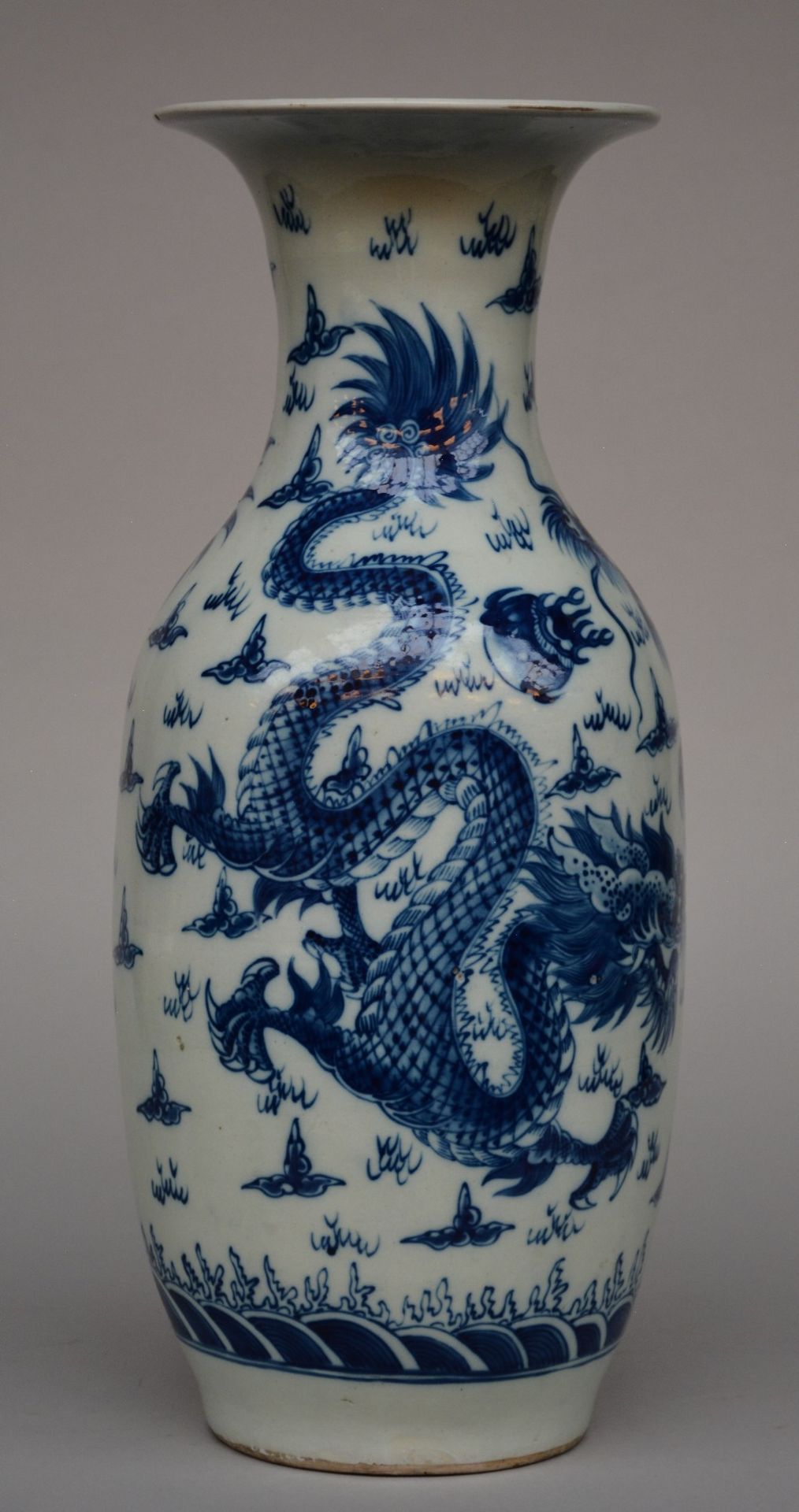 A Chinese blue and white vase, decorated with dragons, H 55,5 cm (minor chips on the rim and some - Image 4 of 8