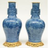 A pair of Chinese baluster shaped vases, blue monochrome ground, decorated with cranes and flower