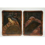 A pair of Japanese wooden dry lacquer double portraits, polychrome and relief decorated, 19thC, 36,5