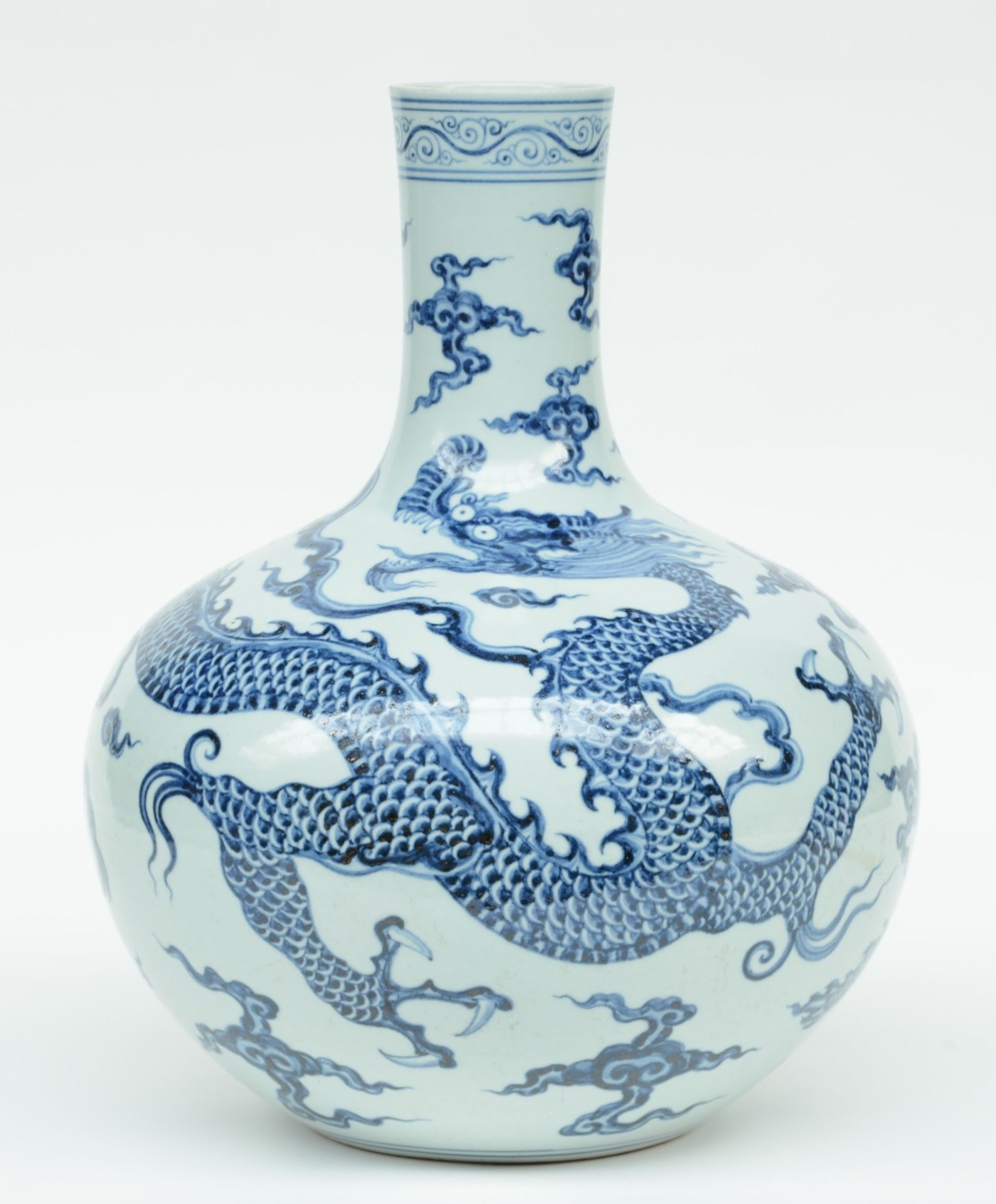 A Chinese blue and white dragon bottle vase, H 44 cm