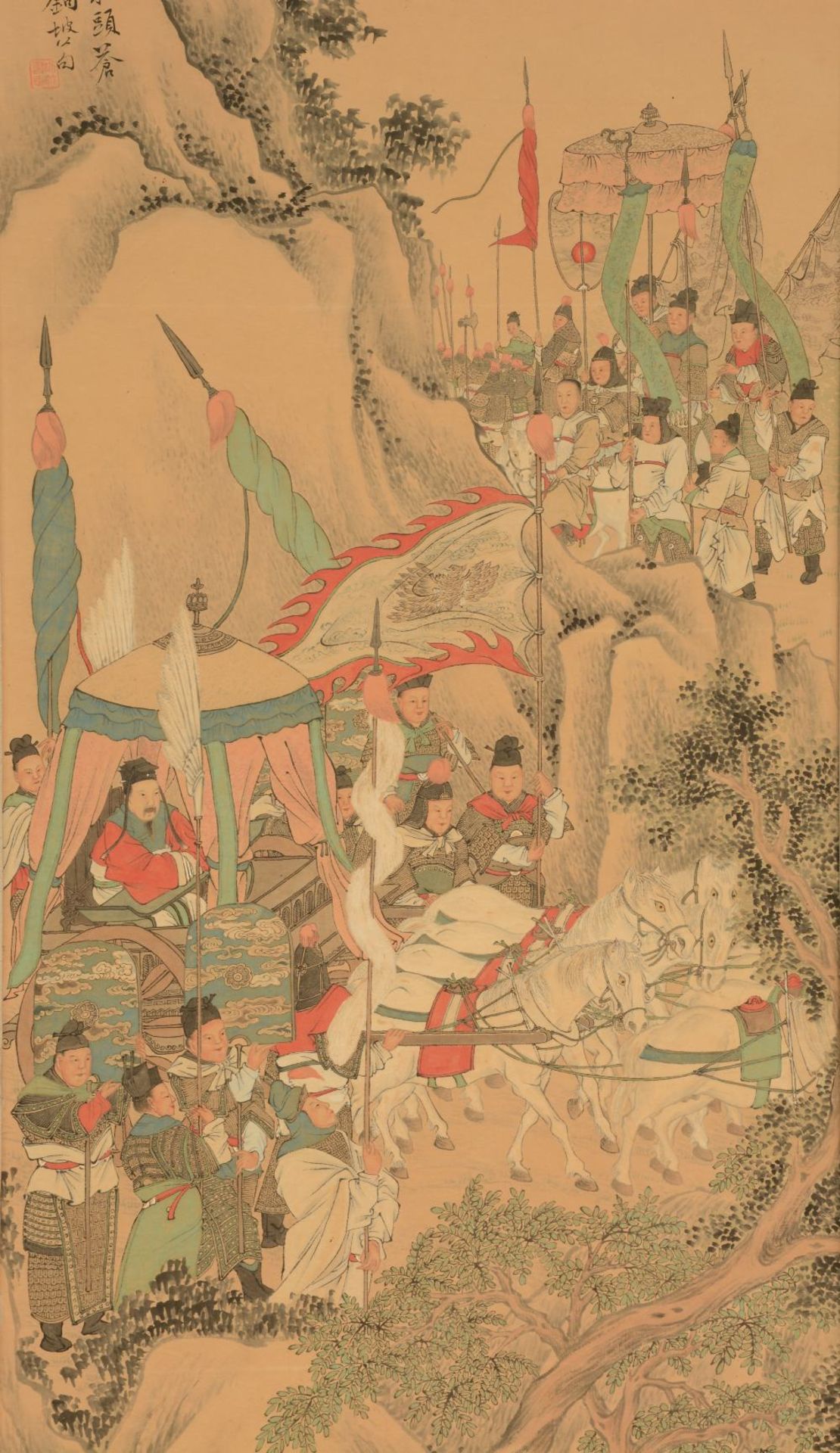 A Chinese watercolour quadriptych depicting an imperial cortege and an animated scene, both in a - Bild 5 aus 7
