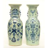 Two Chinese celadon-ground blue and white vases decorated with symbols, H 59,5 - 60 cm (chips on the