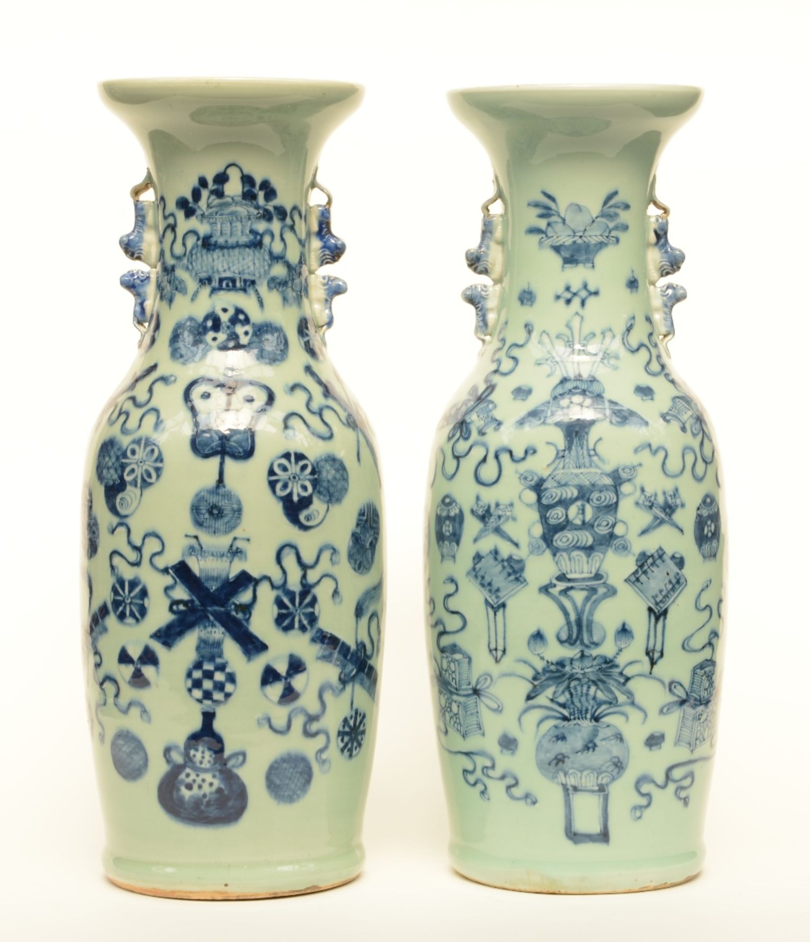 Two Chinese celadon-ground blue and white vases decorated with symbols, H 59,5 - 60 cm (chips on the