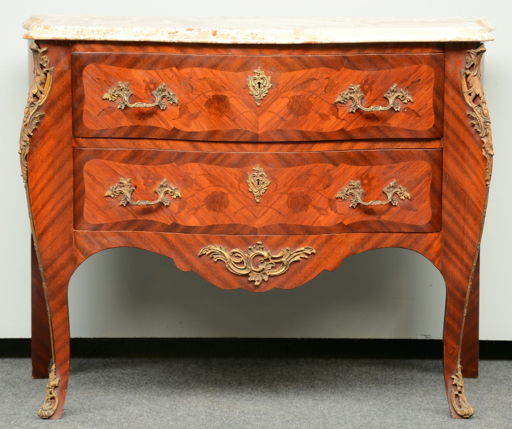 A mahogany veneered and marquetry LXV style commode, brass mounts and a Rosalia turque marble top, H