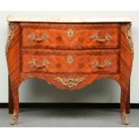 A mahogany veneered and marquetry LXV style commode, brass mounts and a Rosalia turque marble top, H