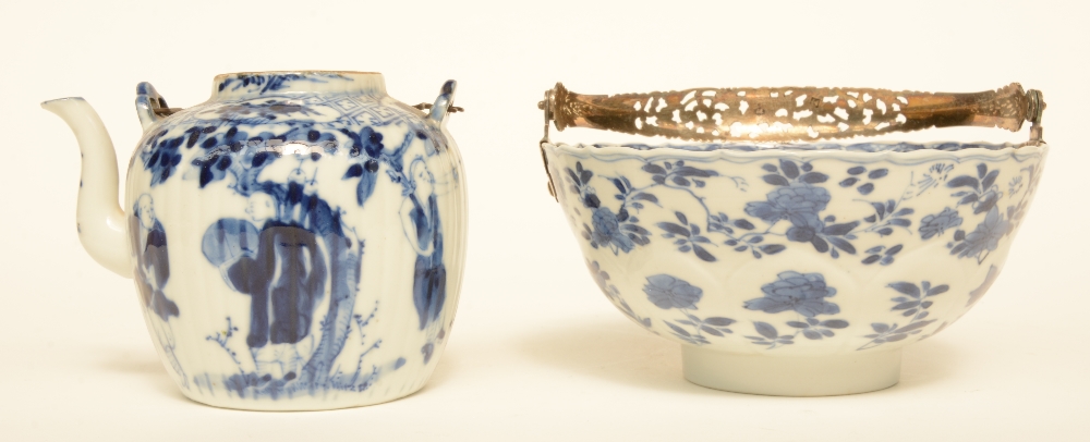 Four Chinese blue and white cups and saucers, and a dito tea pot, 18thC/19thC; added a ditto bowl, - Image 6 of 9