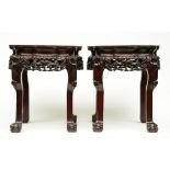 A pair of Chinese carved wooden stools with marble top, H 46 - W 41 - D 41 cm