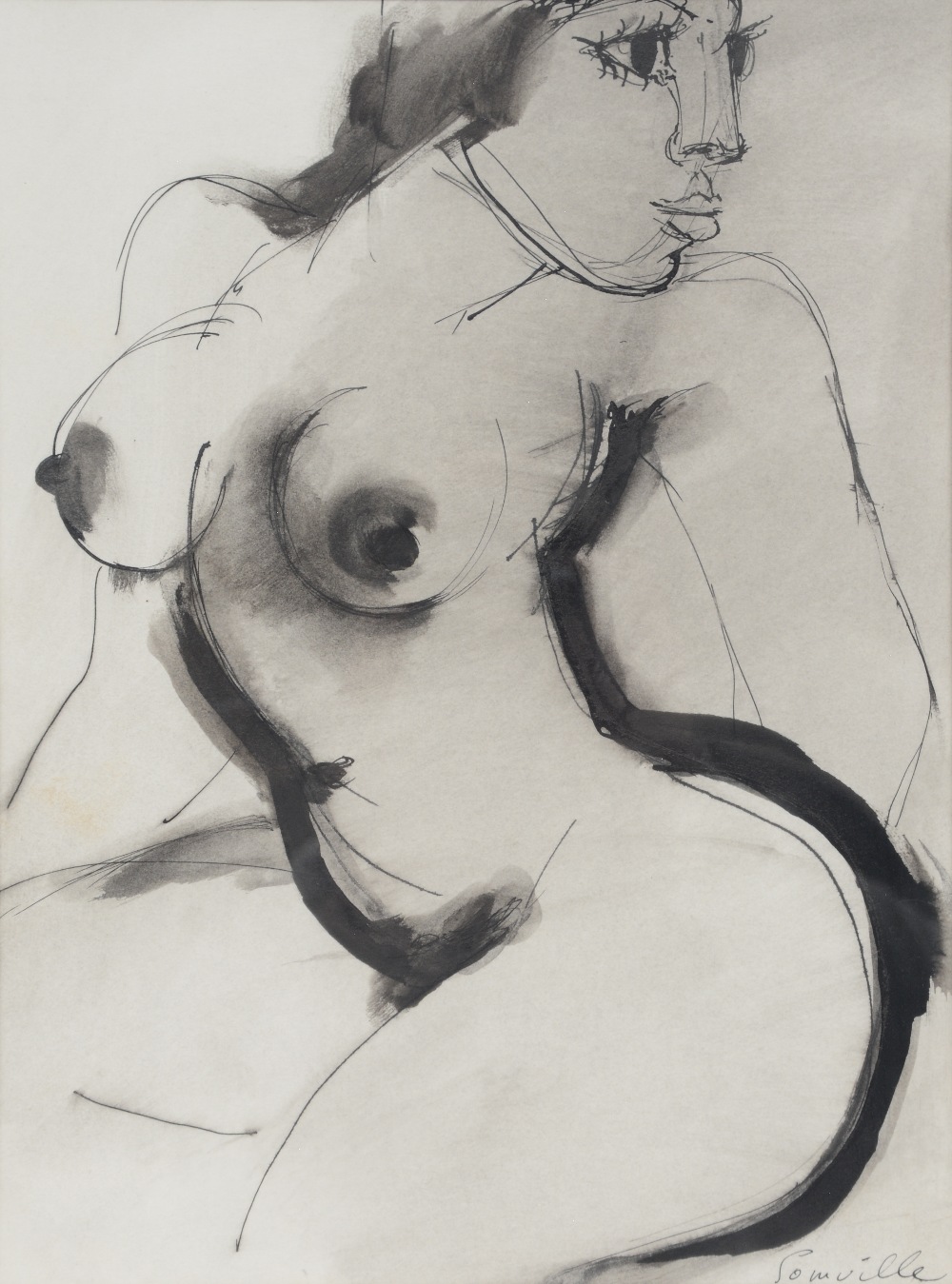 Somville R., a female nude an a womans portrait, Indian ink and grey wash drawing, one dated 1966, - Image 2 of 9