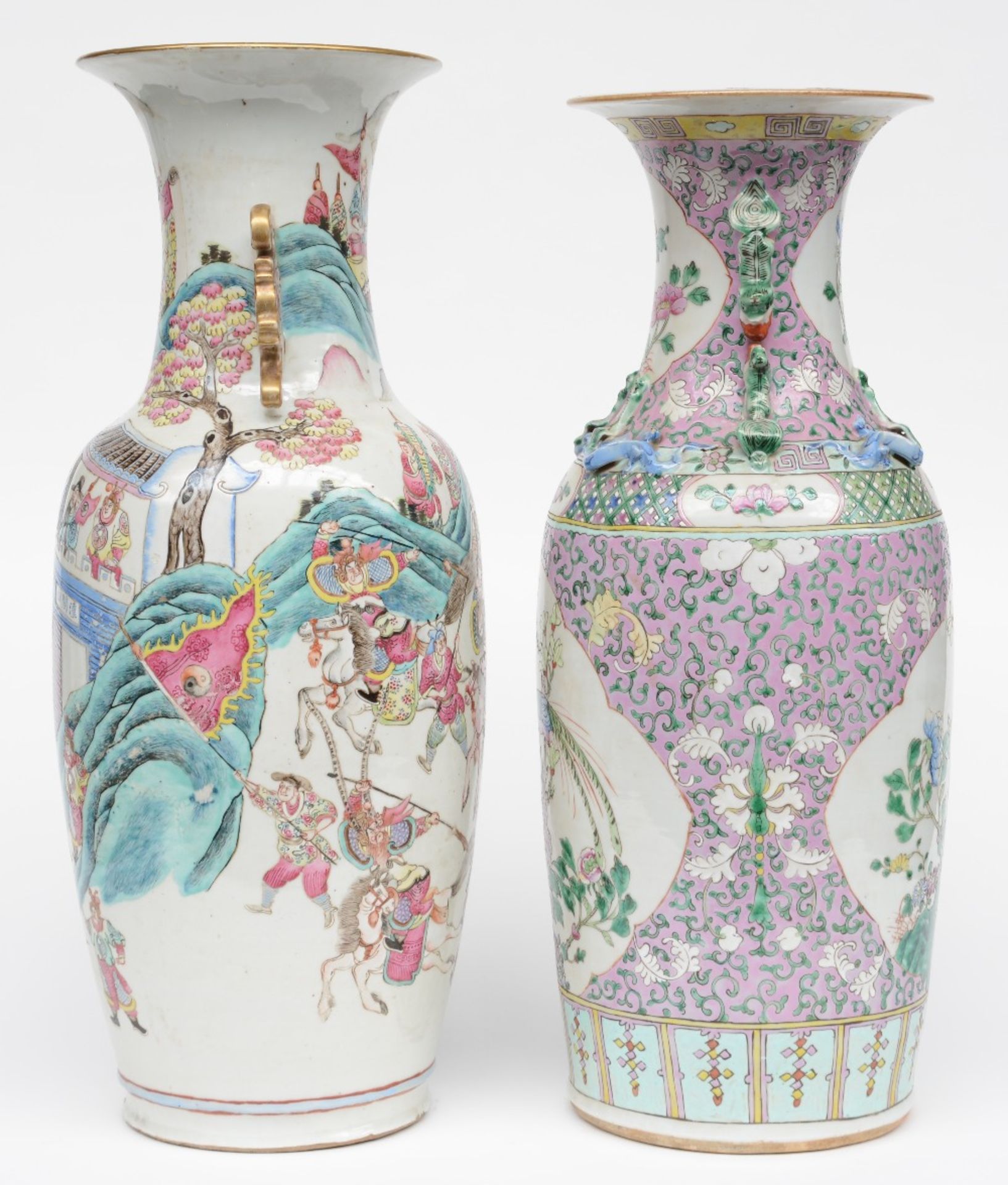 Two Chinese famille rose vases, one vase decorated with a warrior scene, one vase decorated with - Bild 2 aus 6