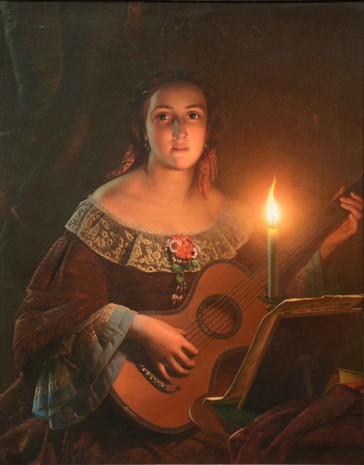 Unsigned (attr. to P. Van Schendel), a guitar playing girl in clair obscur, oil on canvas, last
