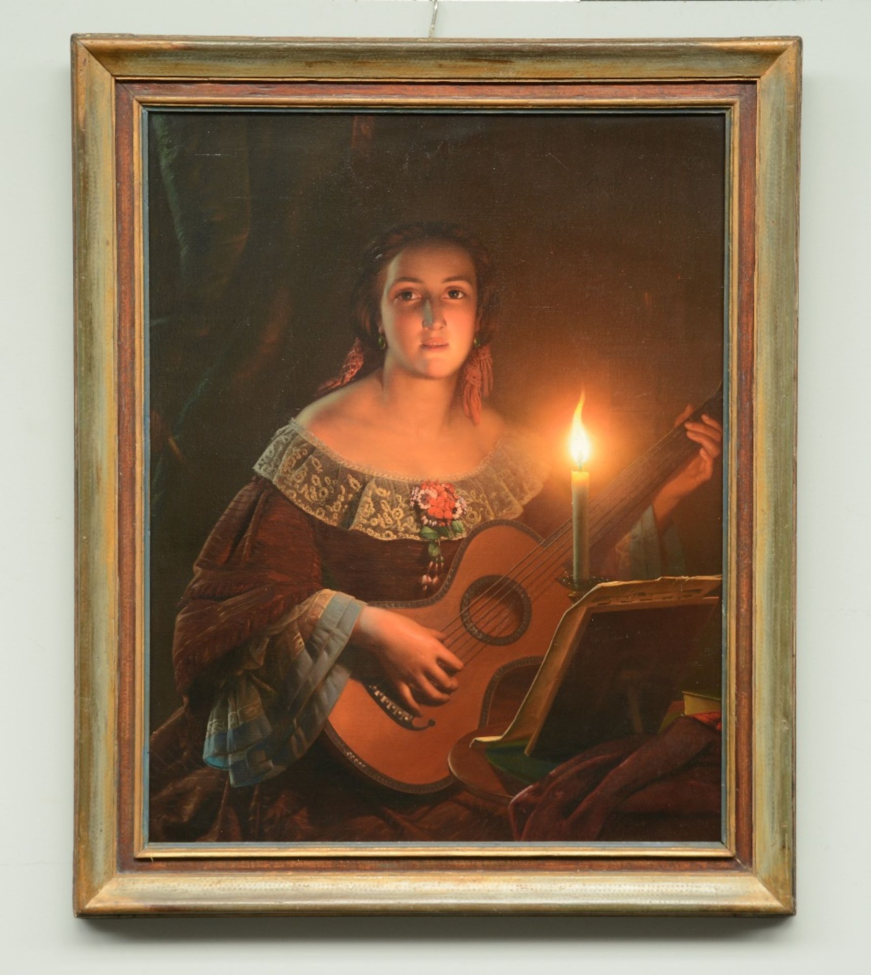 Unsigned (attr. to P. Van Schendel), a guitar playing girl in clair obscur, oil on canvas, last - Bild 2 aus 3