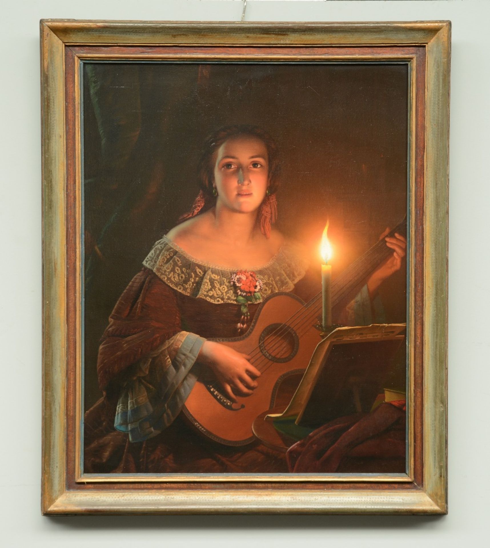 Unsigned (attr. to P. Van Schendel), a guitar playing girl in clair obscur, oil on canvas, last - Image 2 of 3