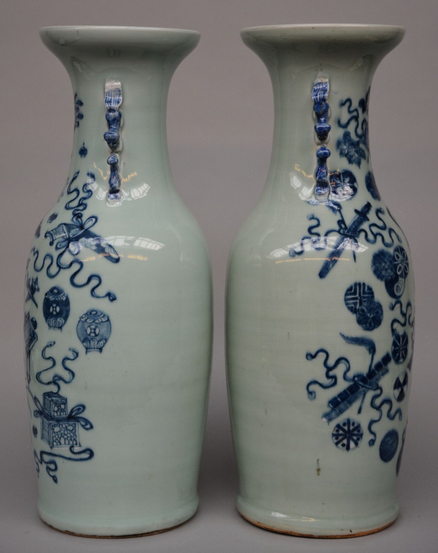 Two Chinese celadon-ground blue and white vases decorated with symbols, H 59,5 - 60 cm (chips on the - Image 4 of 6