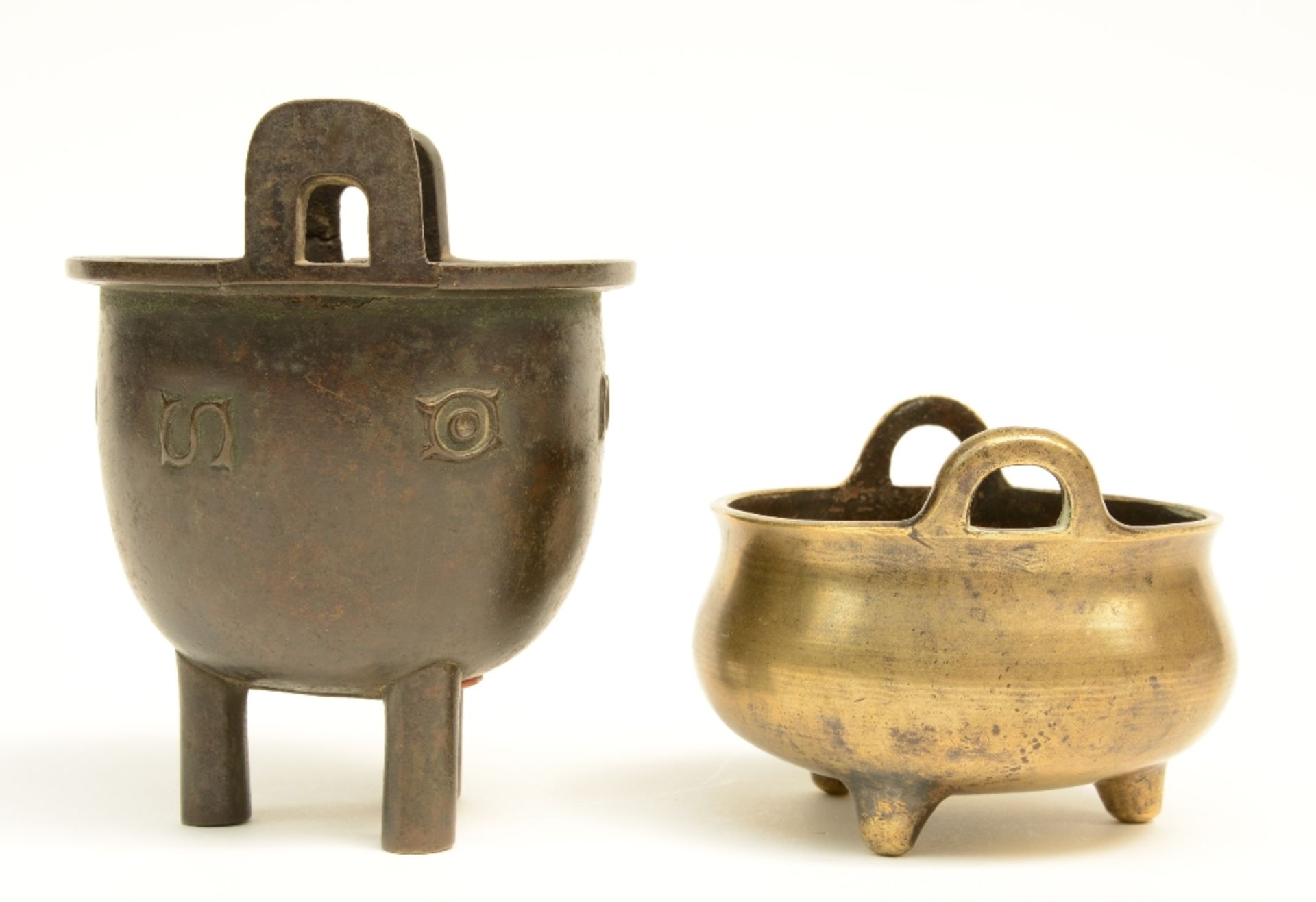 Three Chinese bronze incense burners, one with matching base, two marked, 18thC/19thC, H 3,5 - 13 cm - Image 3 of 13