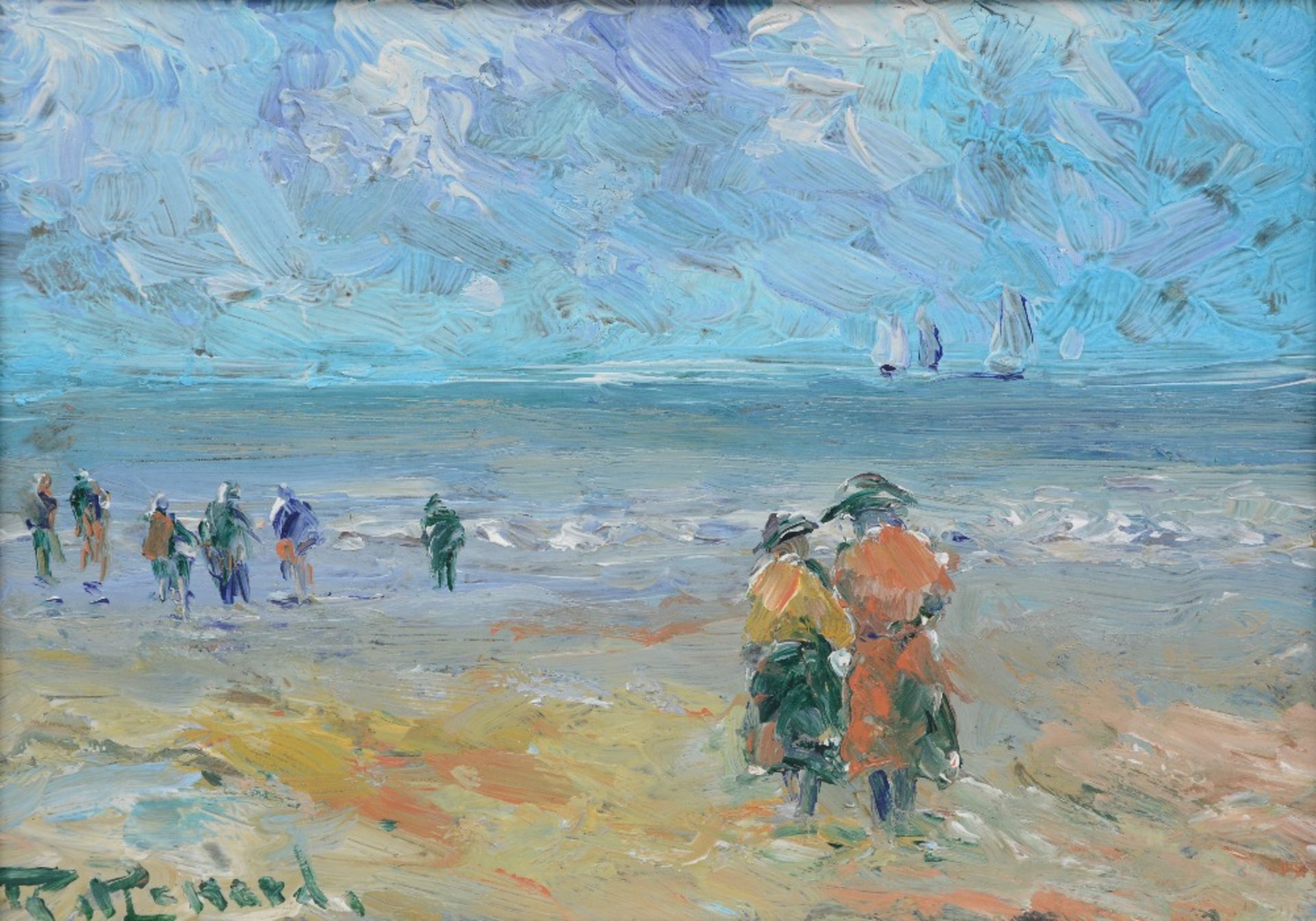 Renard P., figures on the beach, oil on cardboard, 21,5 x 29 cm