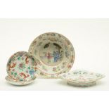 A Chinese bowl, plate and two dishes, famille rose and polychrome decorated, some marked, 19th-