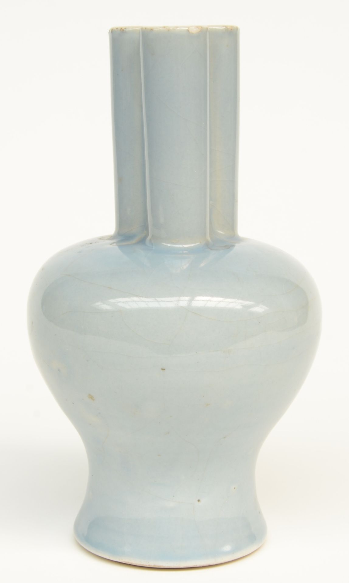 A Chinese three-conjoined vase, light blue glazed, marked, H 22 cm - Bild 2 aus 8