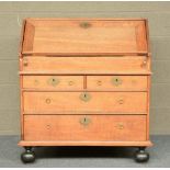 An English oak Queen Anne fall front bureau, the inside lacquer decorated, H 102,5 - W 95,5 - D 54