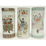 Two Chinese vases and a Chinese hat stand, polychrome decorated with genre scenes and antiquities,