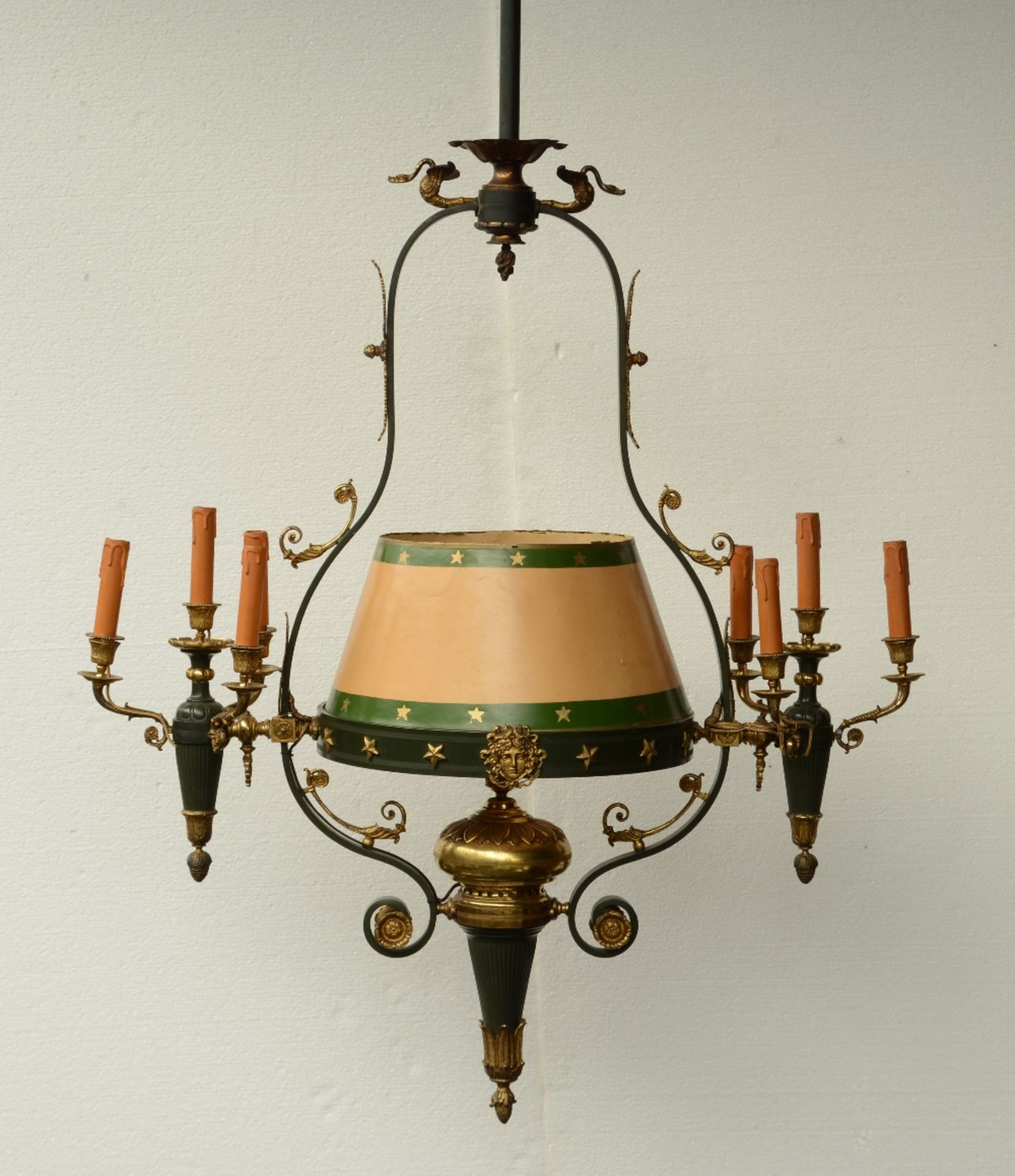 An Empire style chandelier, polychrome, gilt brass and bronze, 19thC, H 170 - Diameter 95 cm (
