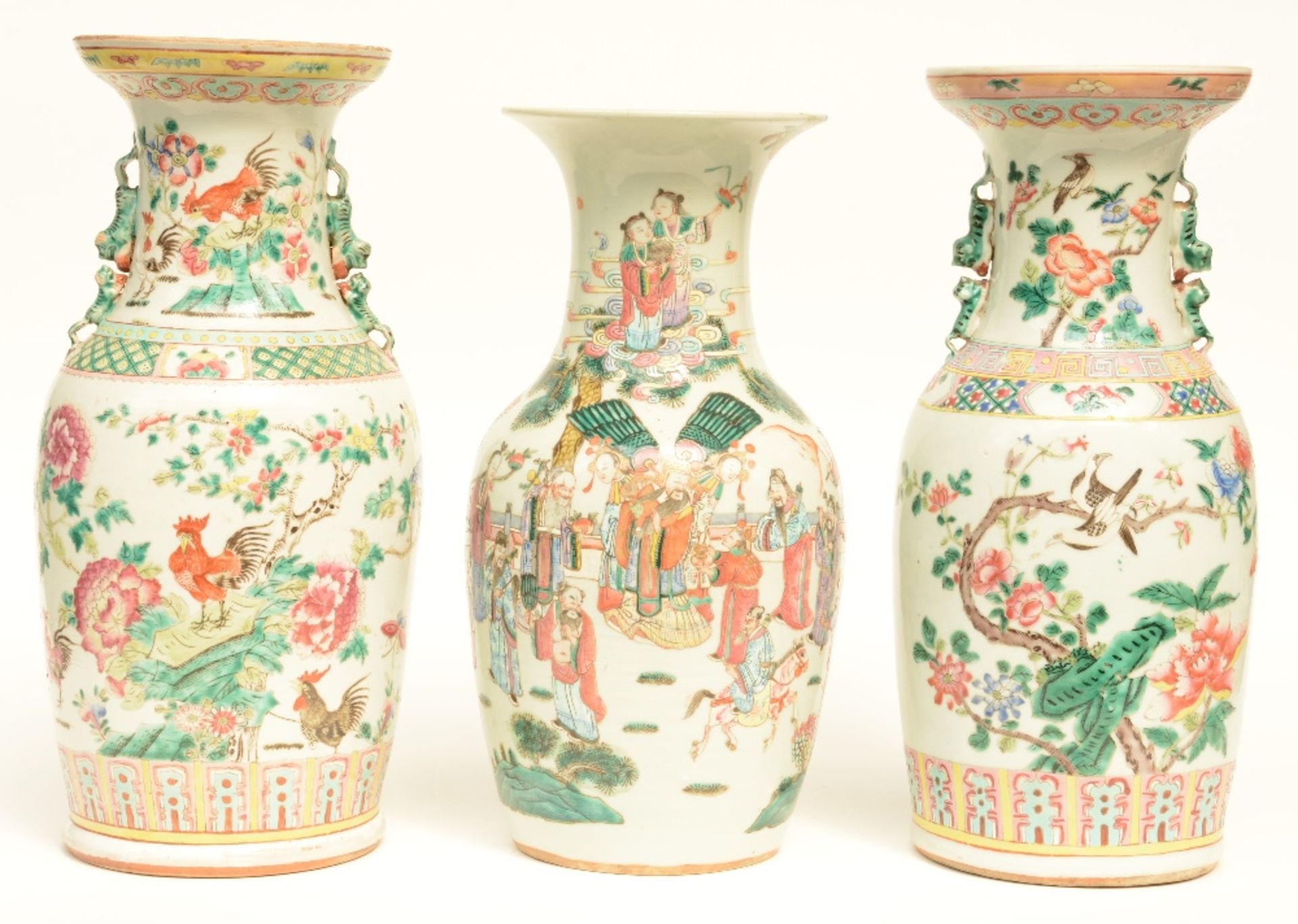Three Chinese famille rose vases, one painted with the Eight Immortals, two painted with cockerels