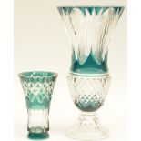 Two Val St. Lambert green cut to clear crystal vases, H 20 - 40,5 cm (one vase with chips to the