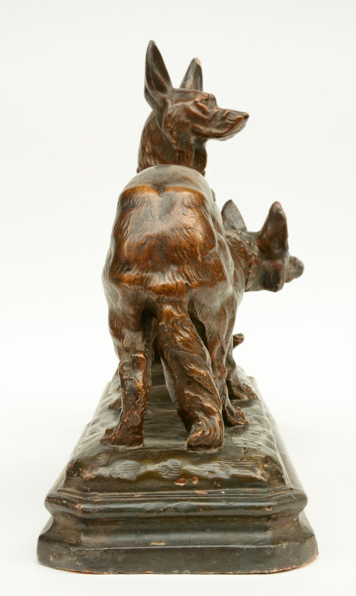 Coutier T., dogs, a bronze patinated terracotta sculpture, 1930s, H 39,5 - W 57 - D 19 cm - Image 4 of 8