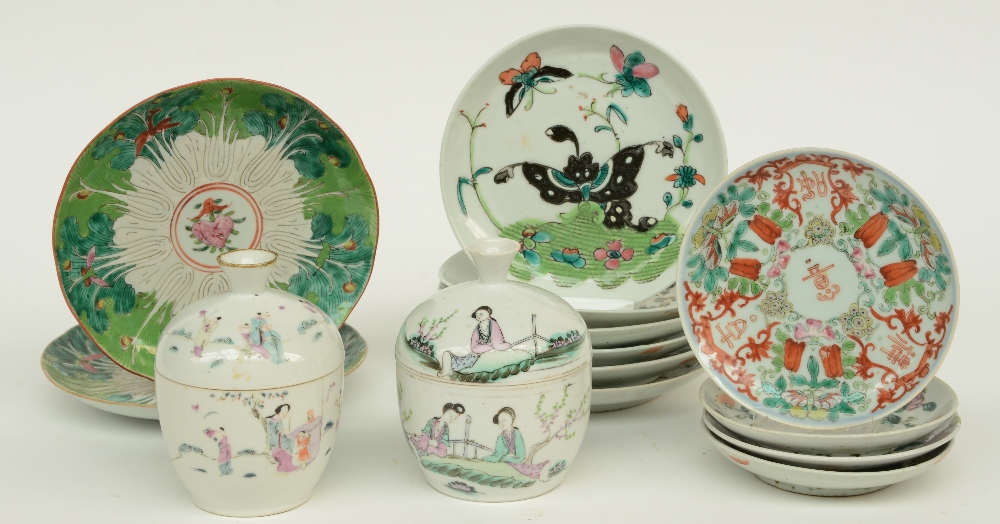 A lot of Chinese famille rose and polychrome decorated dishes and saucers, some marked; added two