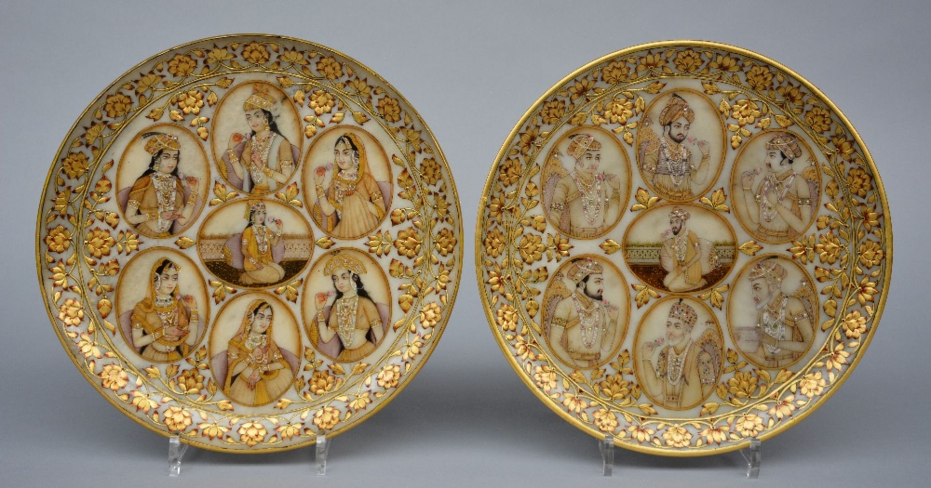 A rare pair of Moghul alabaster plaques, decorated with various portraits, each plaque surrounded by - Image 2 of 11