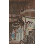 A Chinese watercolor on textile, depicting an animated scene, signed, 18th-19thC, 40 x 69 cm (damage