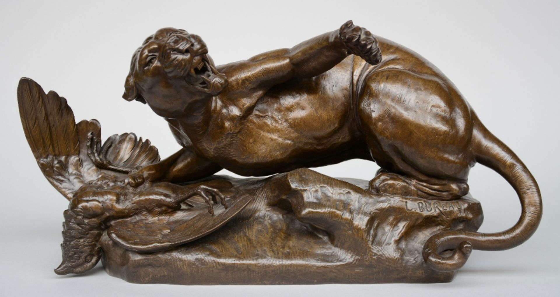 Bureau L., lioness and her kill, bronze, 19thC, H 31 - W 63,5 cm