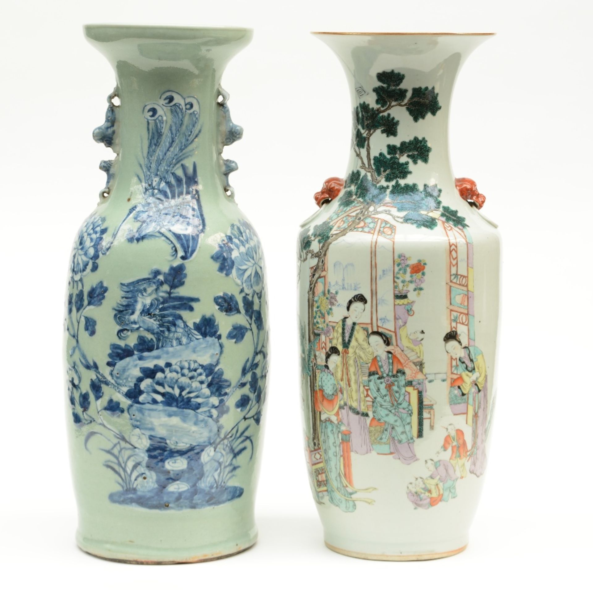 A Chinese polychrome vase, decorated with court ladies and children; added a Chinese celadon