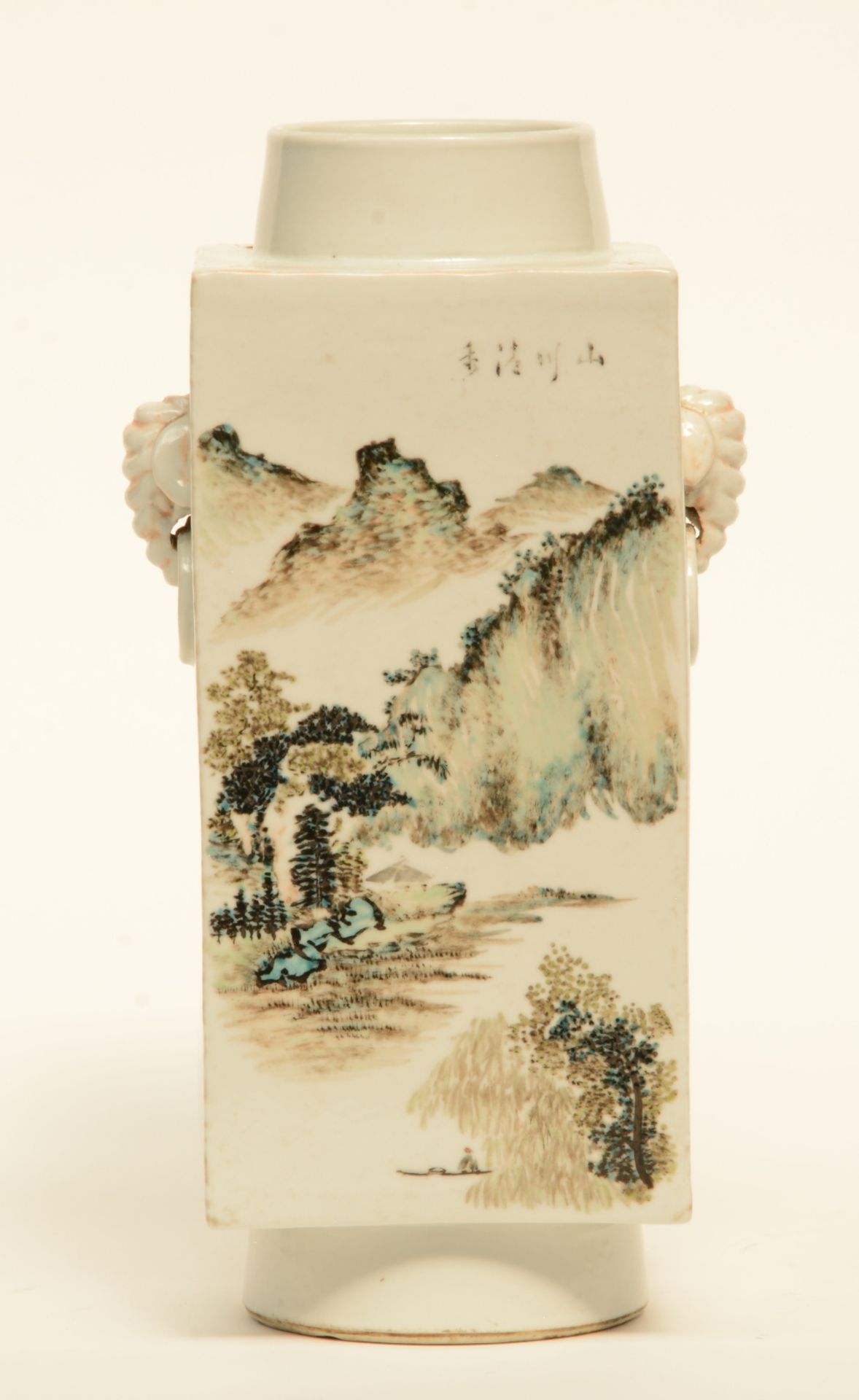 A Chinese quadrangular polychrome vase, decorated with a landscape, marked, H 34 cm
