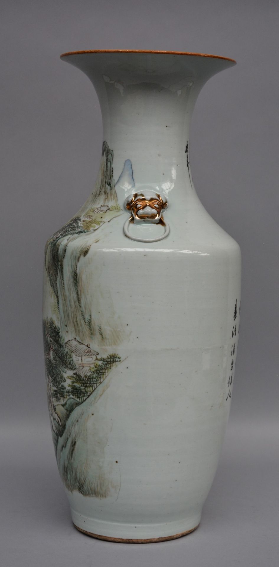 A Chinese polychrome vase, decorated with a mountain landscape, marked, 19thC, H 56 cm - Bild 2 aus 7