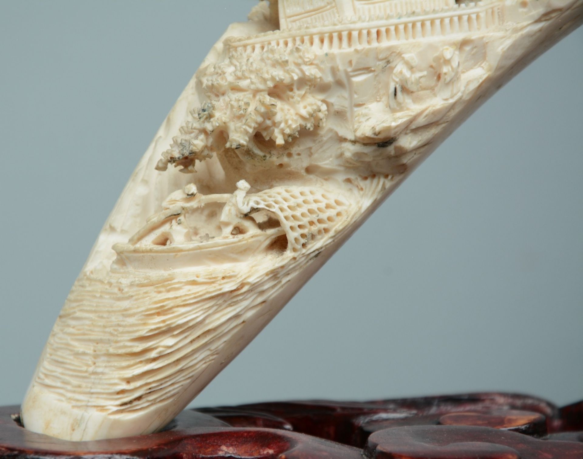 An exceptional Chinese richly carved ivory tusk, depicting various temples and pagodes in a - Image 7 of 7