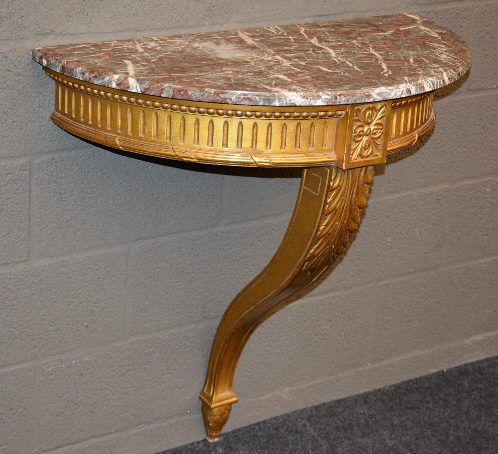 A gilt wooden demi-lune LXVI style console table with 'rouge royal' top, H 86 - W 82 - D 44 cm - Image 2 of 7