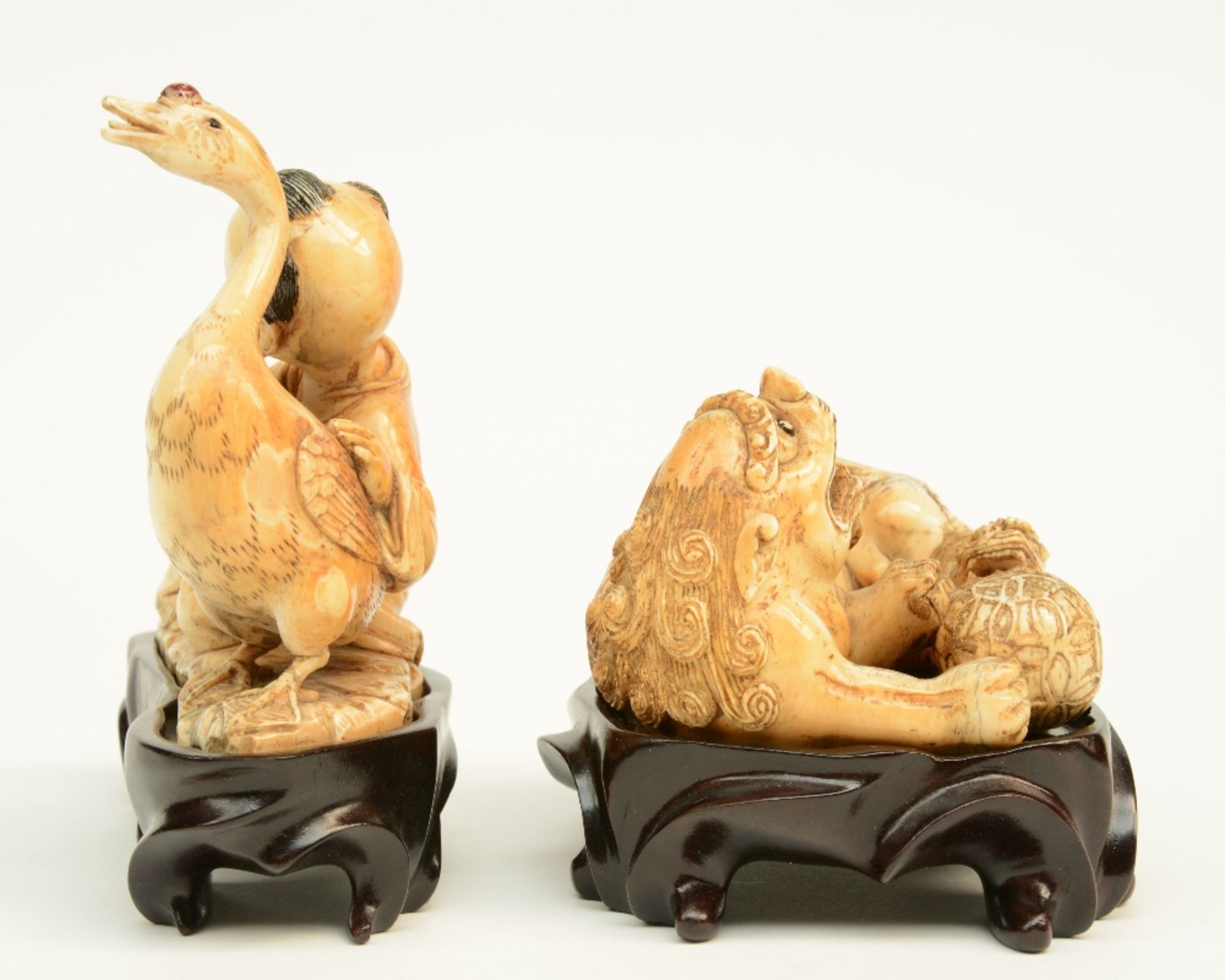 Two Chinese mammut ivory sculptures, polychrome and gilt decorated, one depicting a child and goose, - Image 4 of 5