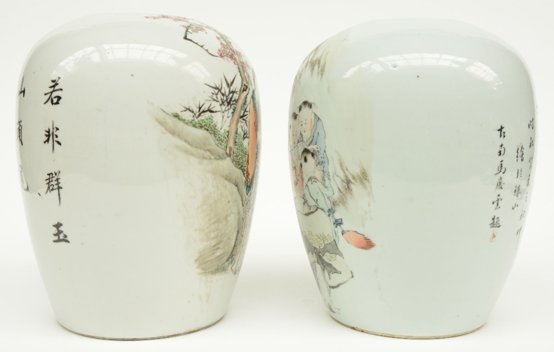 Two Chinese ginger jars, polychrome decorated with figures in a landscape, marked and signed, H 28,5 - Image 2 of 7