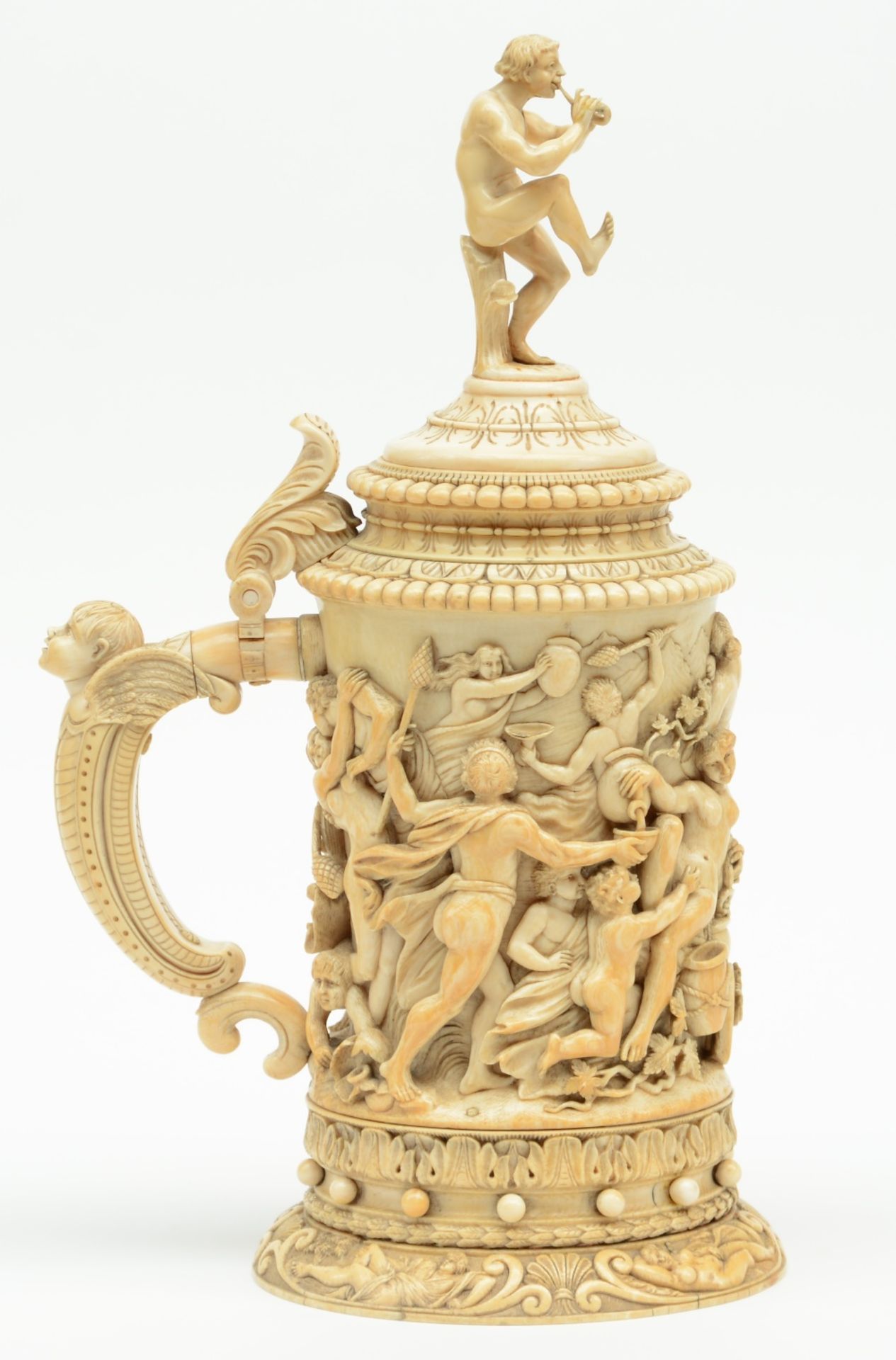 A rare German ivory Humpen, alto relievo sculpted with Bacchus on a chariot preceded by a drunken - Image 2 of 14