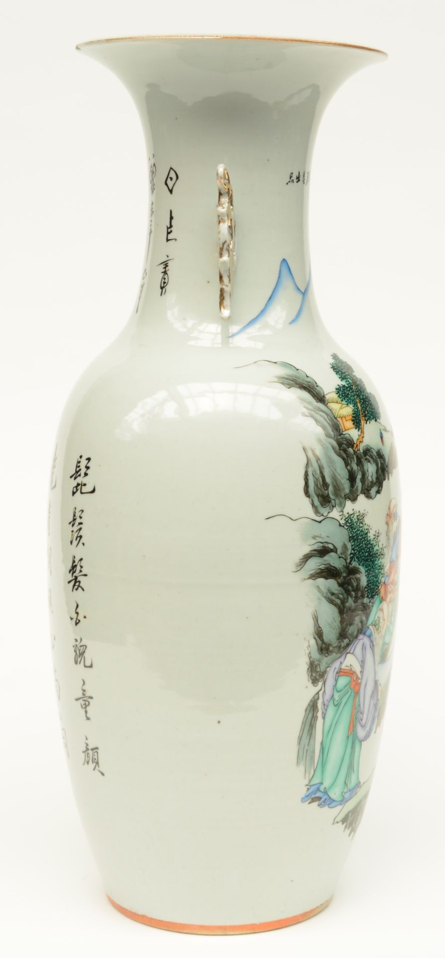 A Chinese polychrome decorated vase depicting scolars in a river landscape, H 58 cm (firing faults - Image 4 of 7