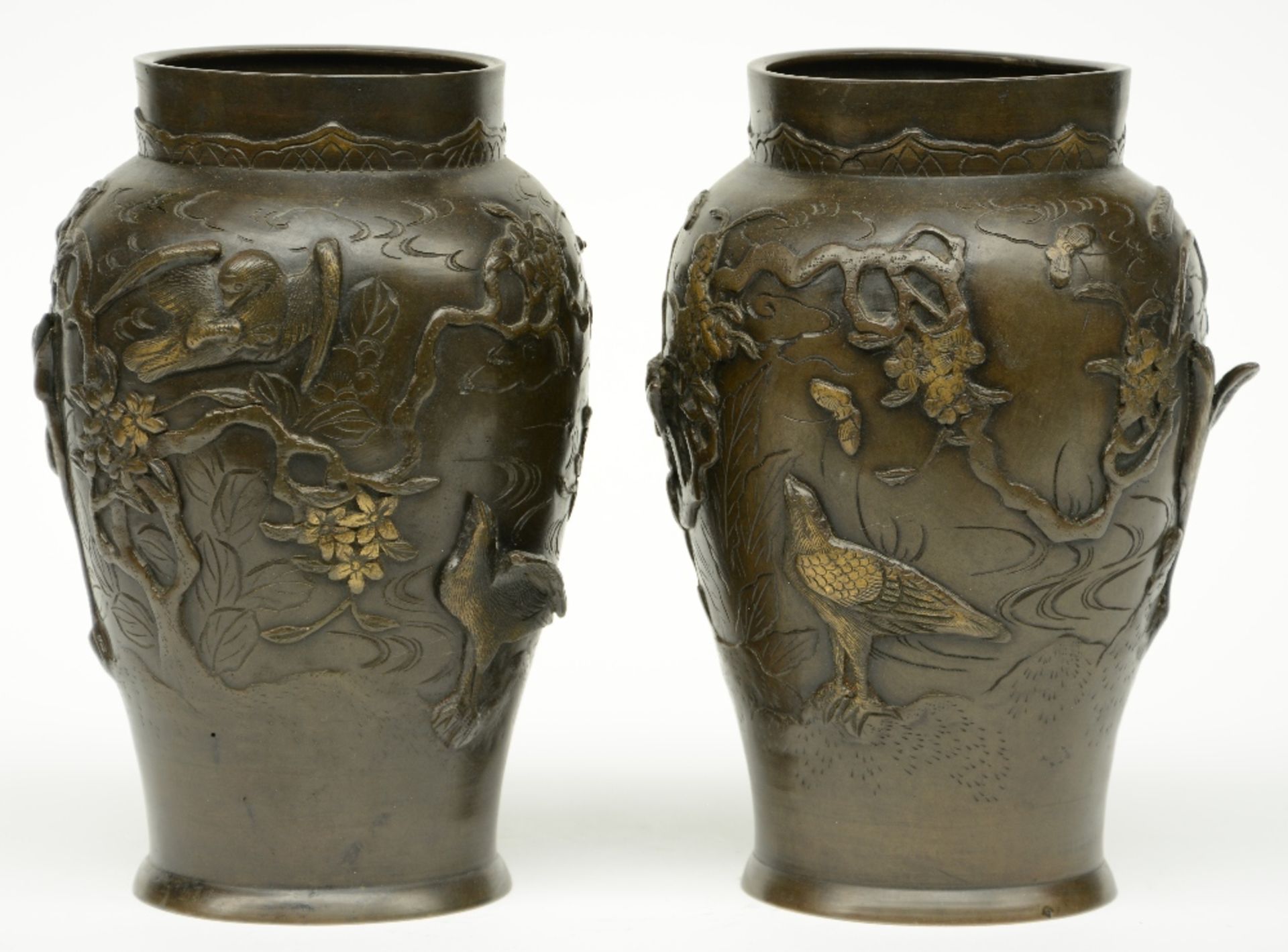 Two pair of Chinese bronze vases, relief moulded with birds on flower branches, marked, H 26 - 36 - Image 9 of 15