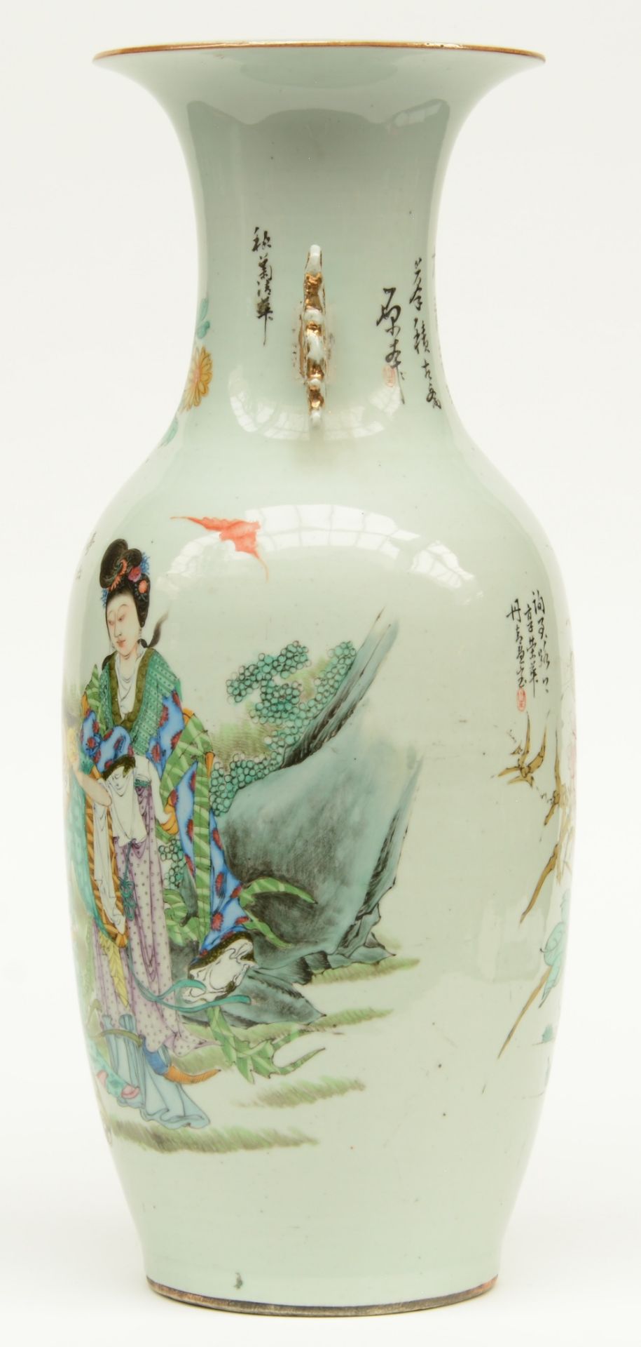 A Chinese polychrome decorated vase, painted on one side with an animated scene and on the other - Image 2 of 7