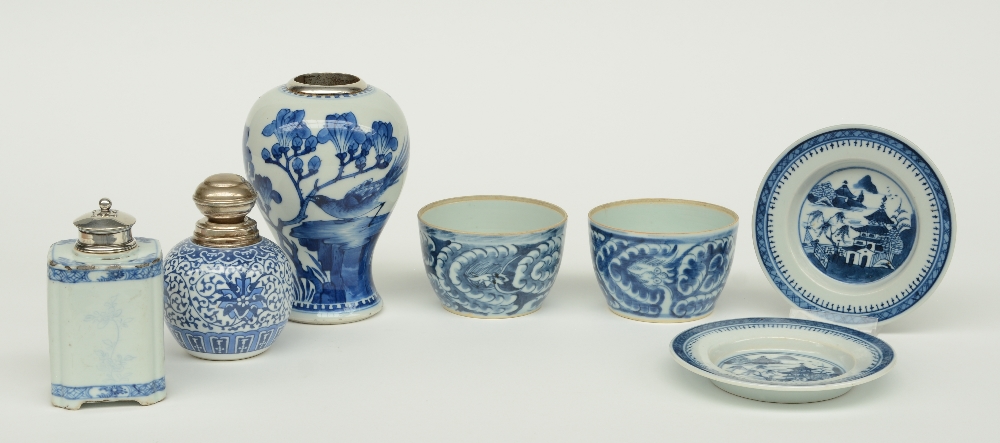 Two Chinese blue and white vases and a tea caddy, floral decorated, with silver mounts, 18th -