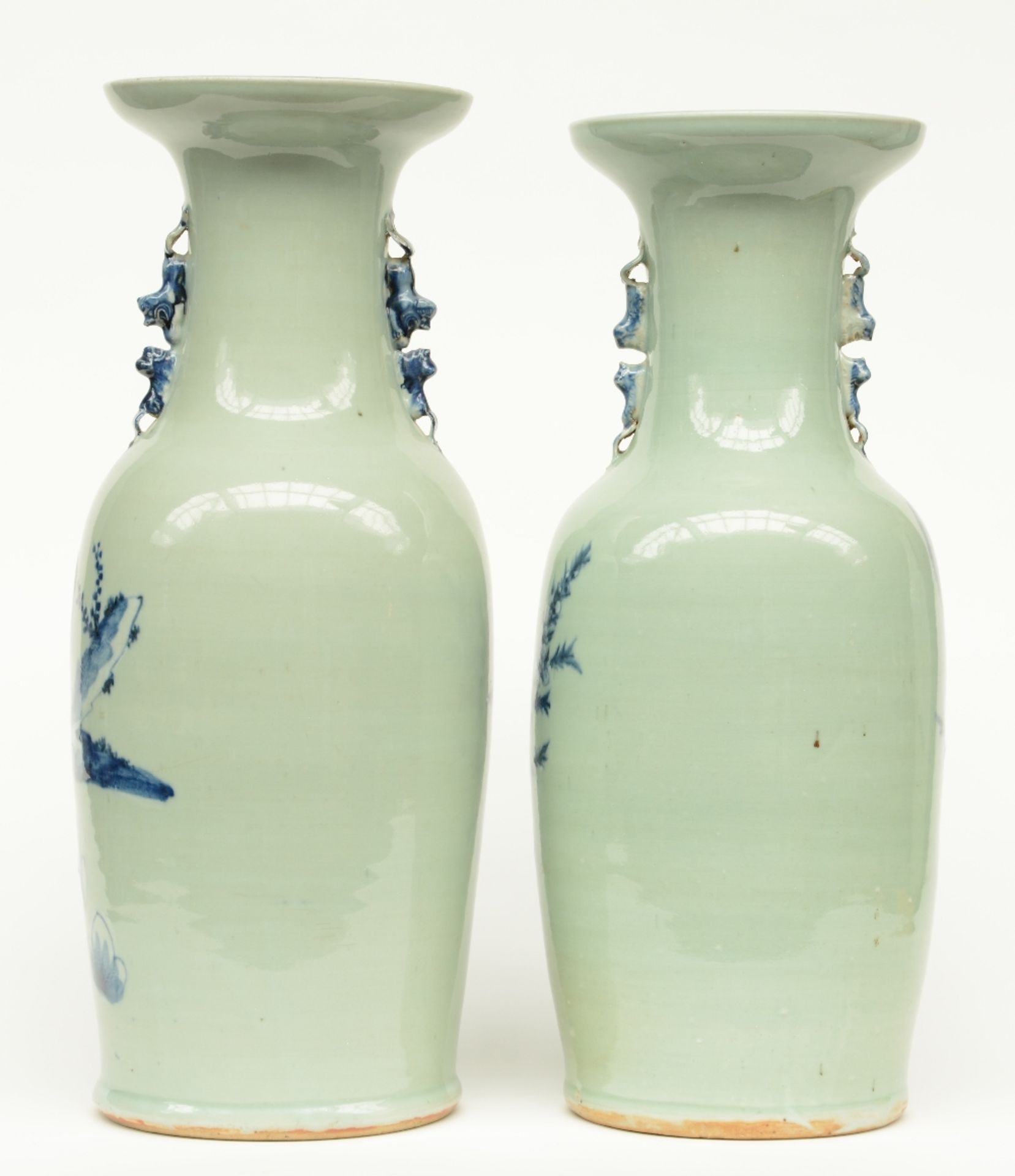 Two Chinese celadon-ground blue and white vase, one vase decorated with birds on flower branches and - Image 3 of 6